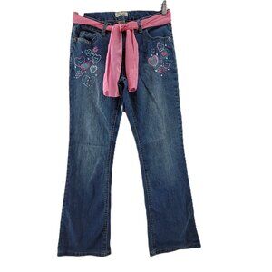 Cherokee Jeans Girls 16 Blue Denim Stretch Embroidered Belted Adjustable Waist